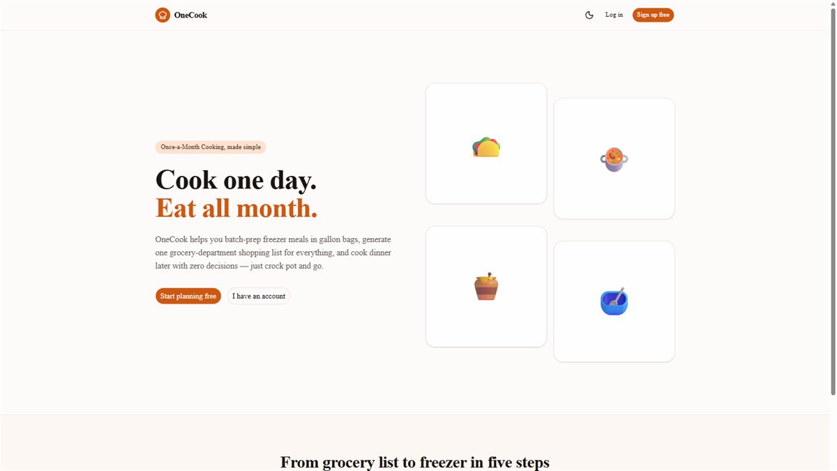 The OneCook homepage, showing the headline 'Cook one day. Eat all month.'